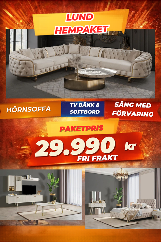 5️⃣ Lund HemPaket (Hörnsoffa – TV-bänk – Soffbord – Säng med förvaring)