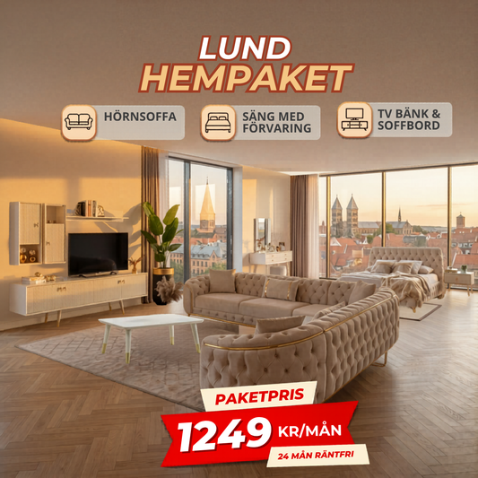 5️⃣ Lund HemPaket (Hörnsoffa – TV-bänk – Soffbord – Säng med förvaring)