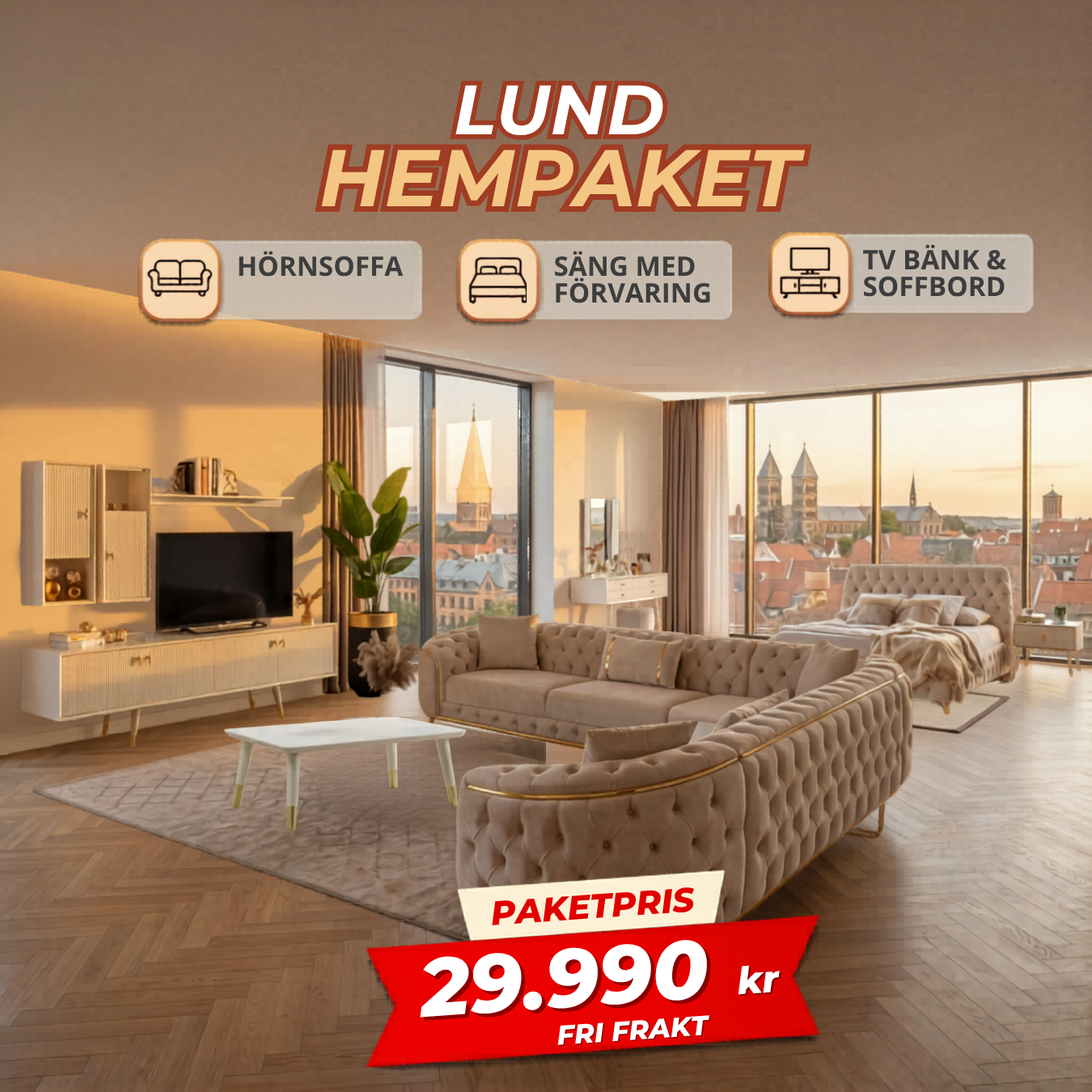 5️⃣ Lund HemPaket (Hörnsoffa – TV-bänk – Soffbord – Säng med förvaring)