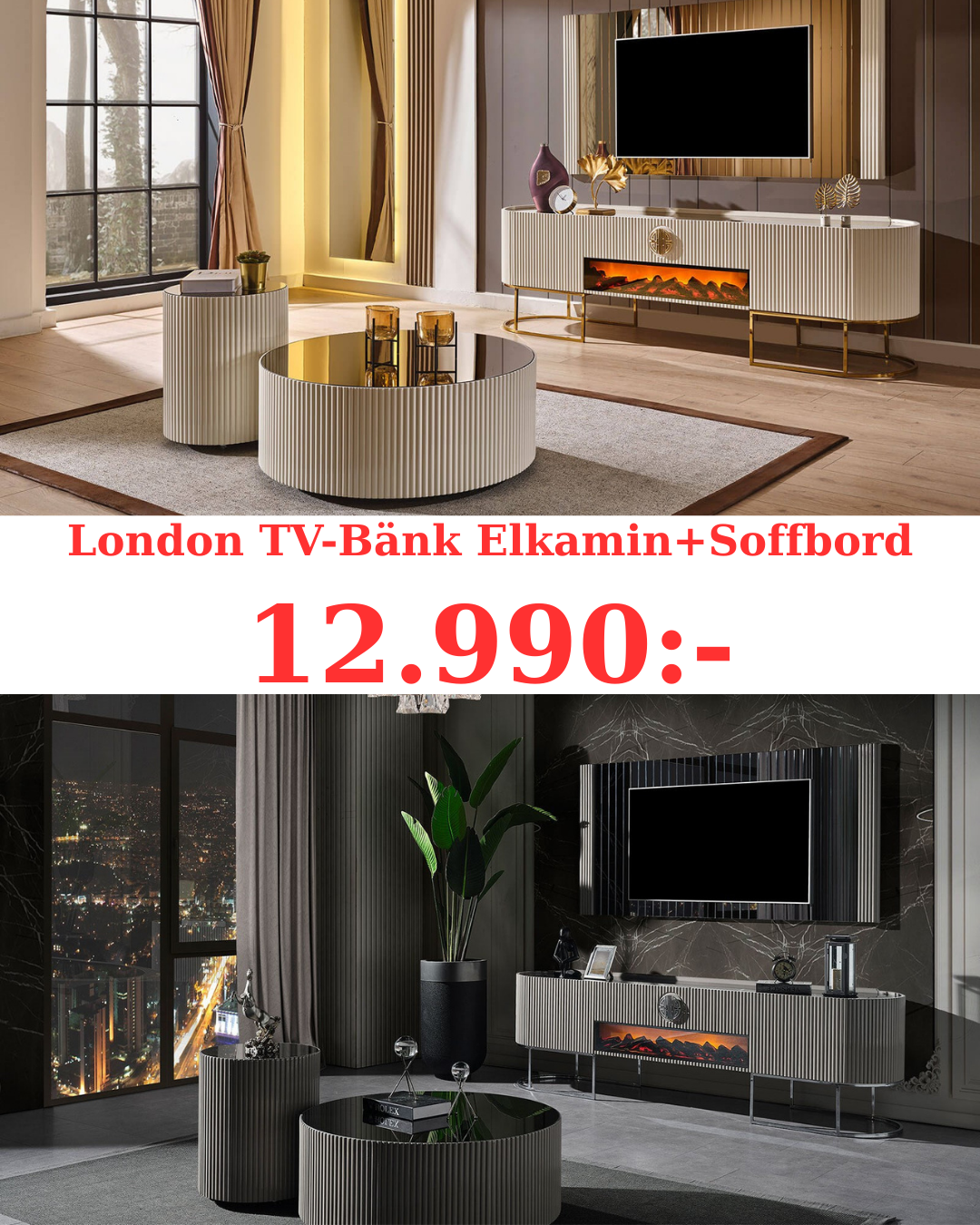 London TV-Bänk Elkamin + Soffbord