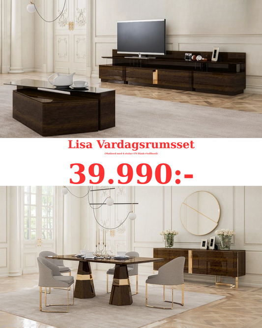 Lisa Vardagsrumsset - (Matbord-6st Stolar-Soffbord-Skänk med Spegel-Tv Bänk med Överdelen)