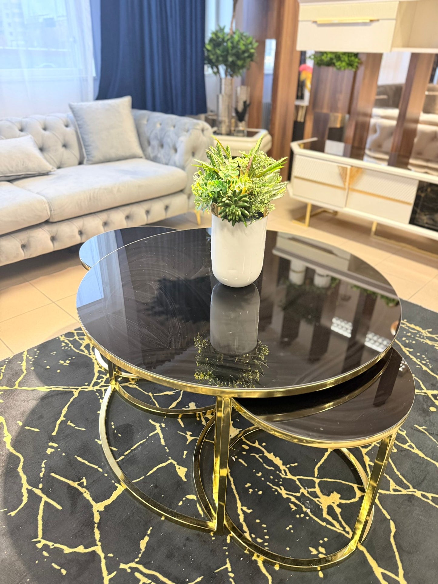 Cinar 2+1 Soffbord - Svart Glas med Guld ben