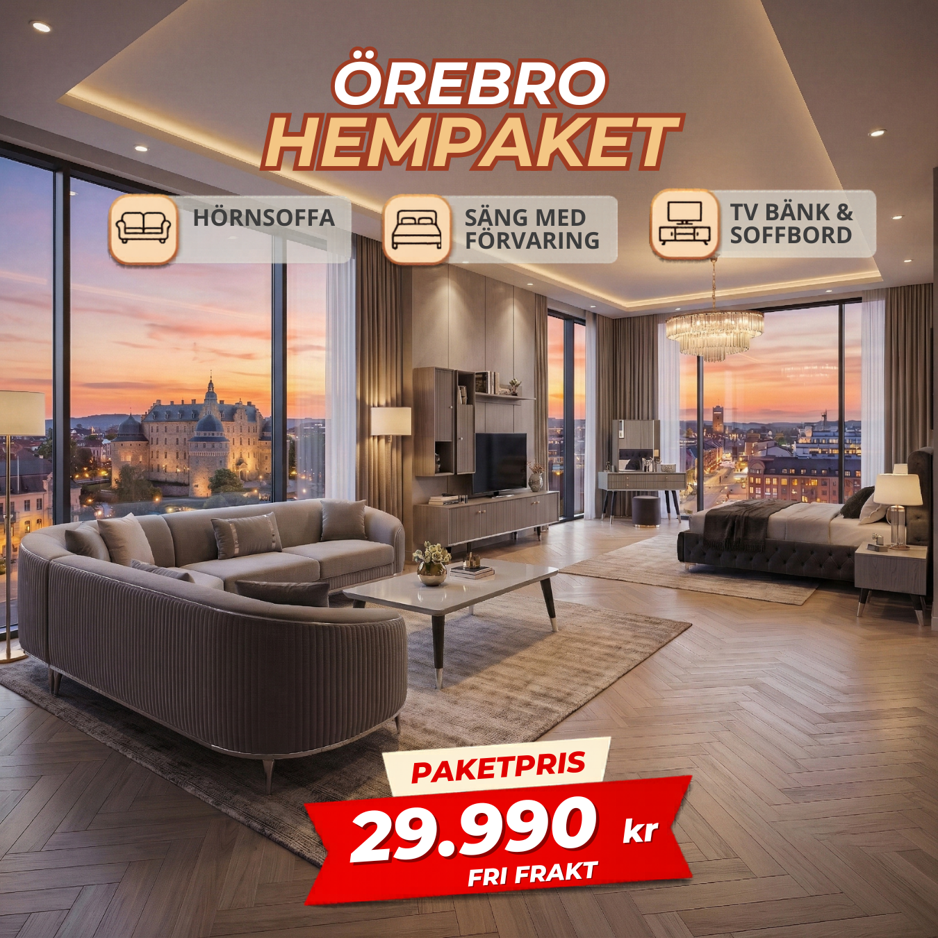 6️⃣ Örebro HemPaket (Hörnsoffa – TV-bänk – Soffbord – Säng med förvaring)