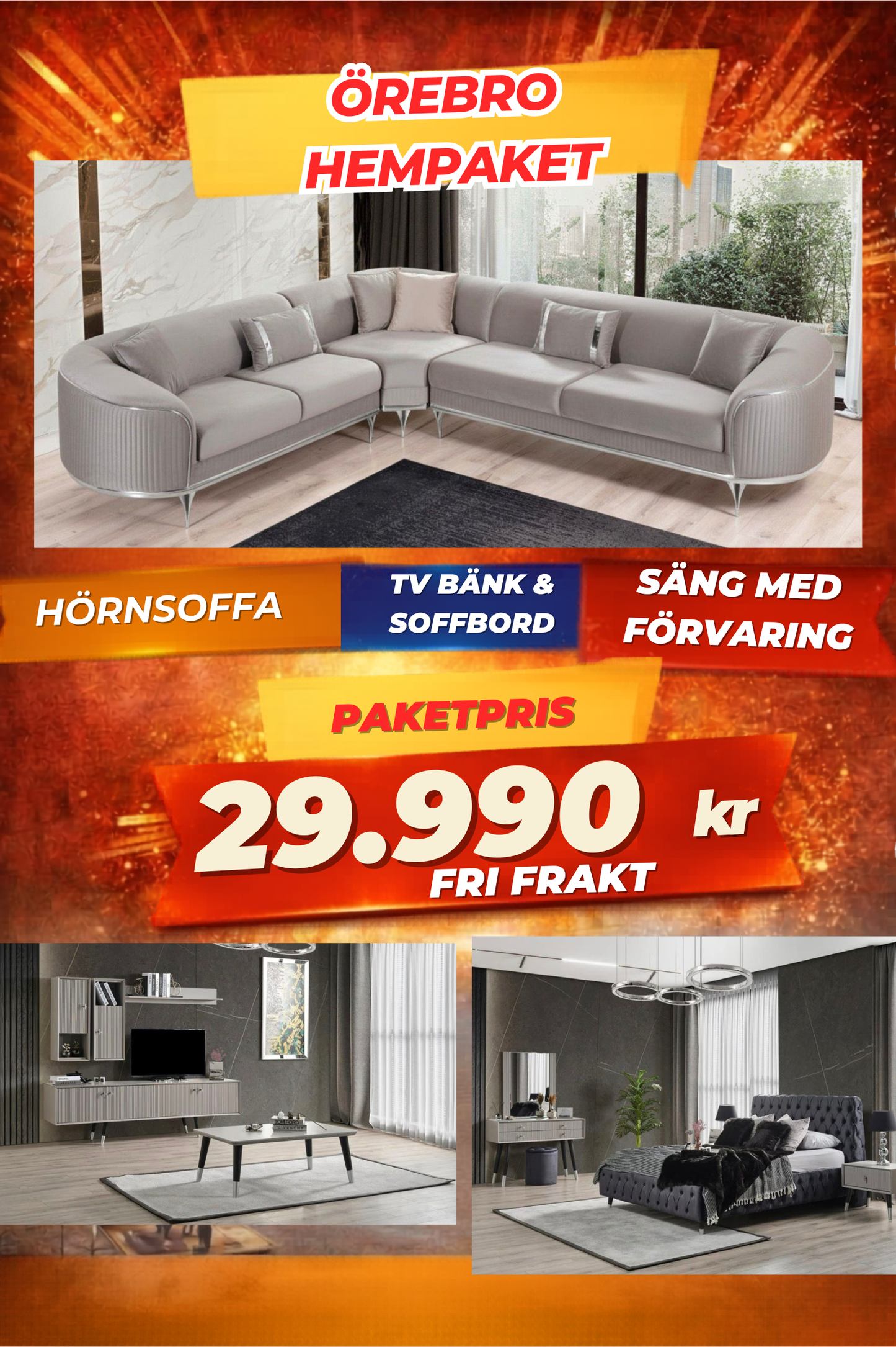 6️⃣ Örebro HemPaket (Hörnsoffa – TV-bänk – Soffbord – Säng med förvaring)