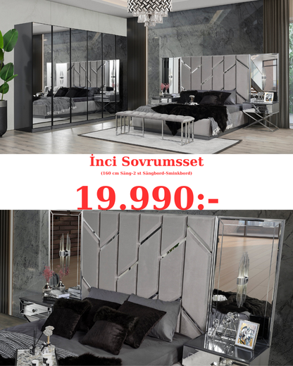 Inci Sovrumsset(180 cm Säng-2 st Sängbord med Överdelen -Sminkbord-Spegel)