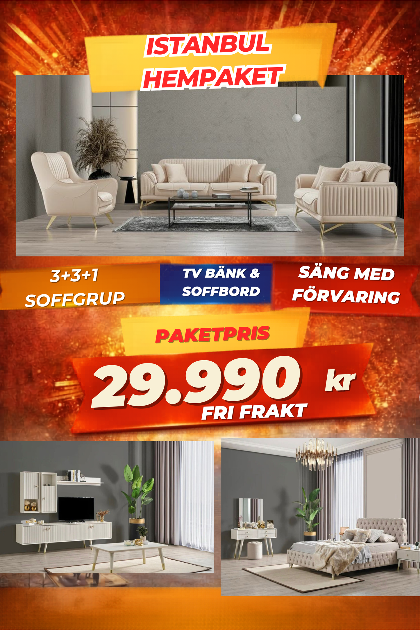 7️⃣ Istanbul HemPaket (Soffgrupp – TV-bänk – Soffbord – Säng med förvaring)