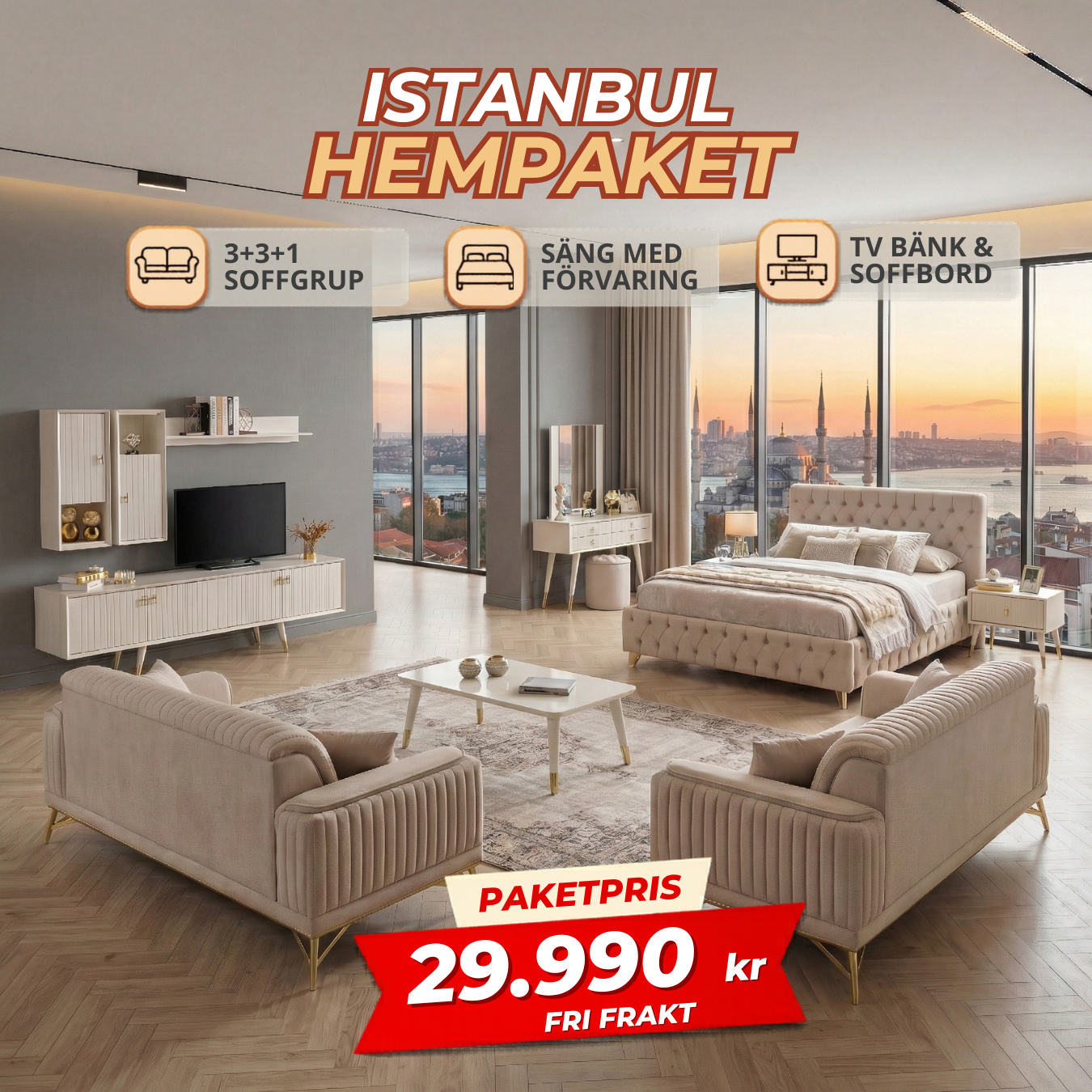 7️⃣ Istanbul HemPaket (Soffgrupp – TV-bänk – Soffbord – Säng med förvaring)