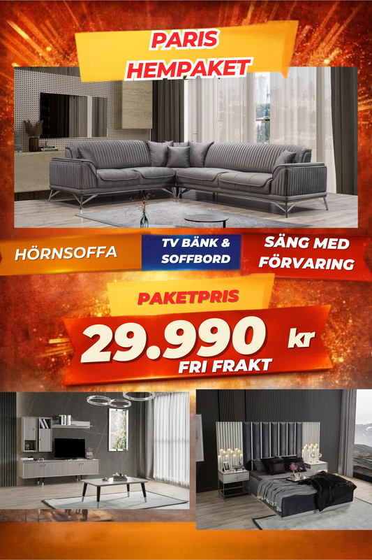8️⃣ Paris HemPaket (Hörnsoffa – TV-bänk – Soffbord – Säng med förvaring)