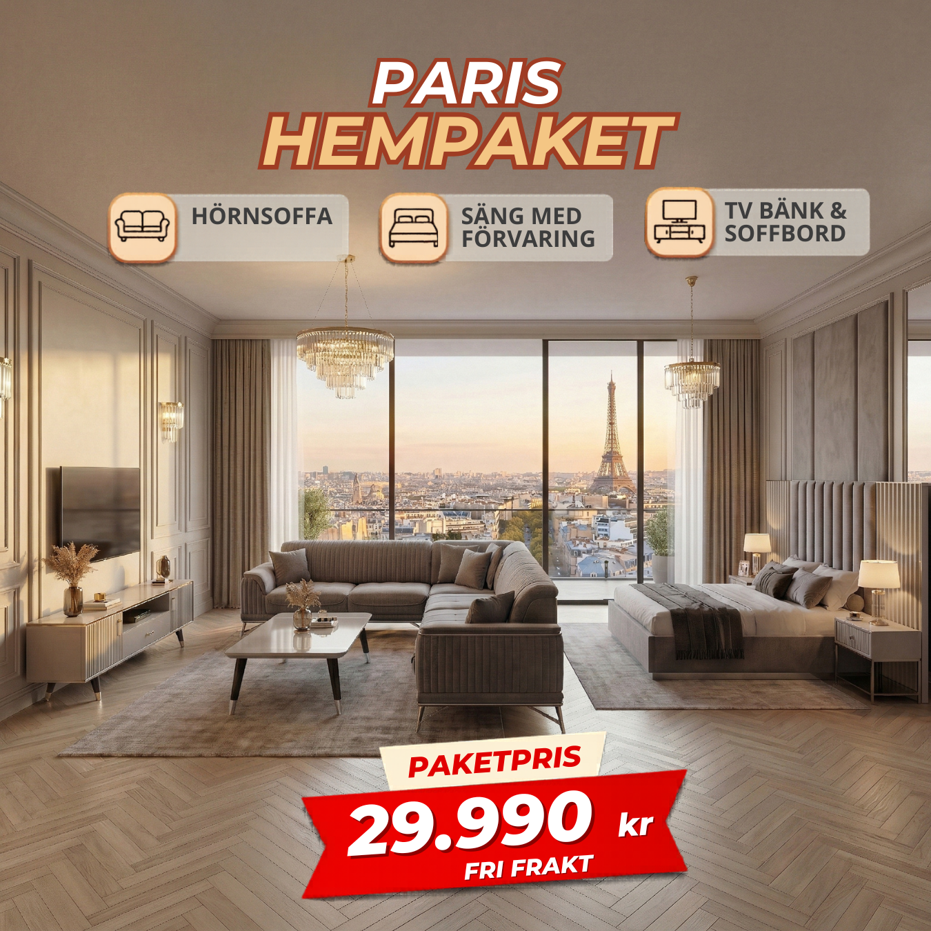 8️⃣ Paris HemPaket (Hörnsoffa – TV-bänk – Soffbord – Säng med förvaring)