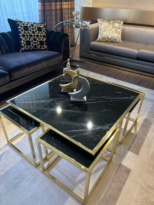 Cinar Soffbord 4+1 - Svart Träd med Guld Ben – Line Furniture