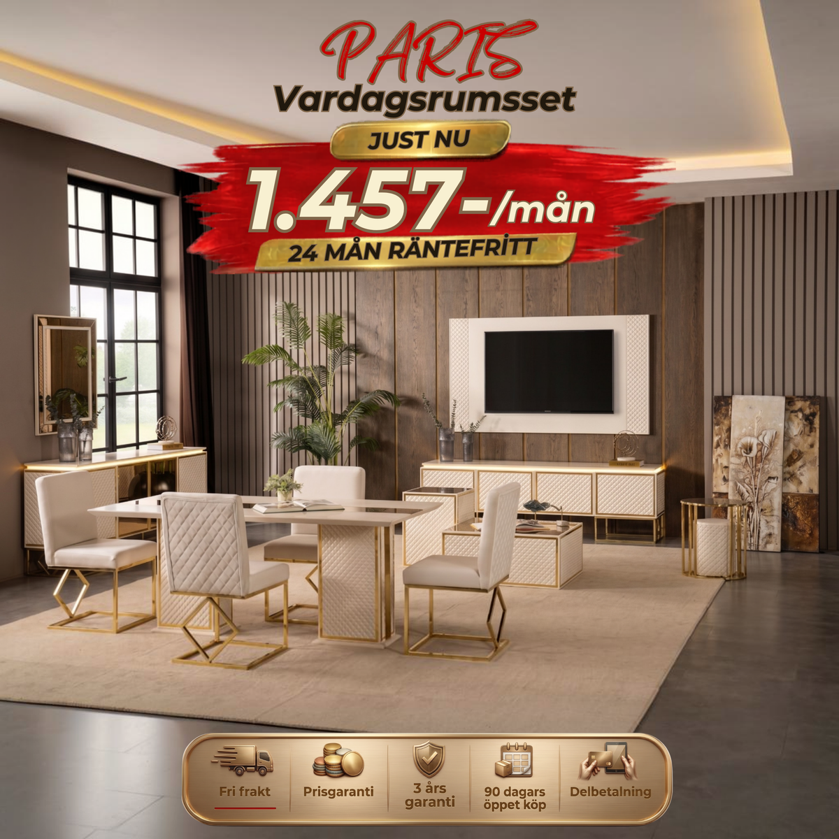 Paris Vardagsrumsset - (Matbord med 6st Stolar-Soffbord-Tv Bänk)