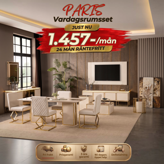 Paris Vardagsrumsset - (Matbord med 6st Stolar-Soffbord-Tv Bänk)