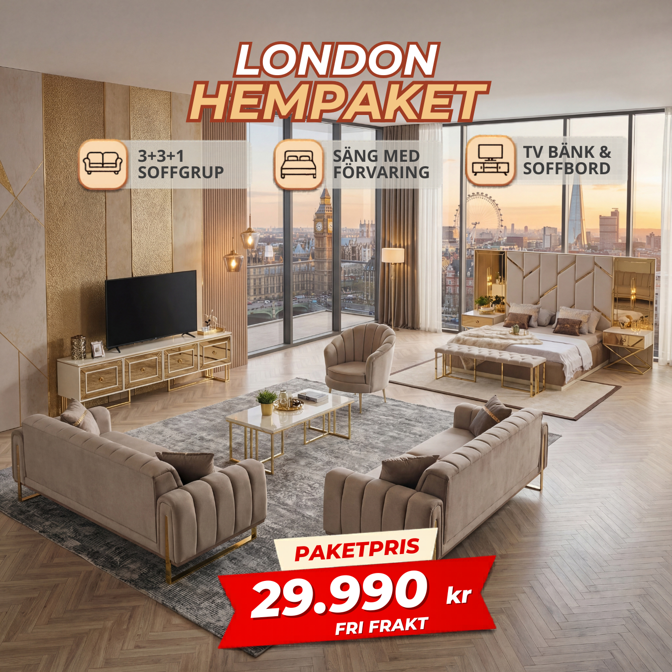 9️⃣ London HemPaket (Soffgrupp – TV-bänk – Soffbord – Säng med förvaring)