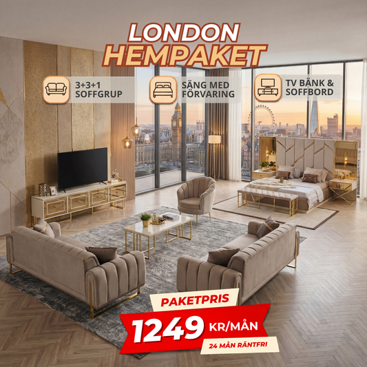9️⃣ London HemPaket (Soffgrupp – TV-bänk – Soffbord – Säng med förvaring)
