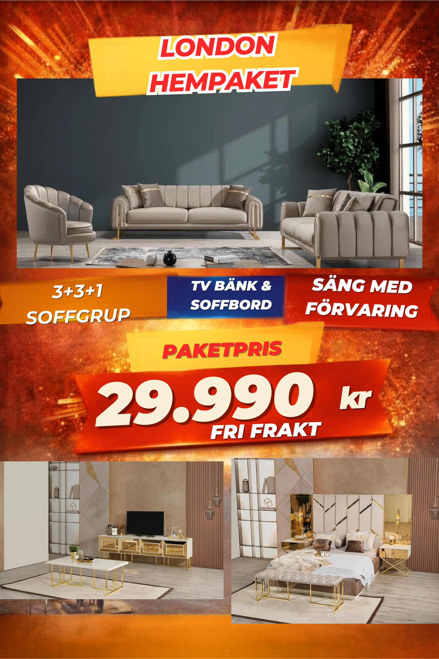 9️⃣ London HemPaket (Soffgrupp – TV-bänk – Soffbord – Säng med förvaring)