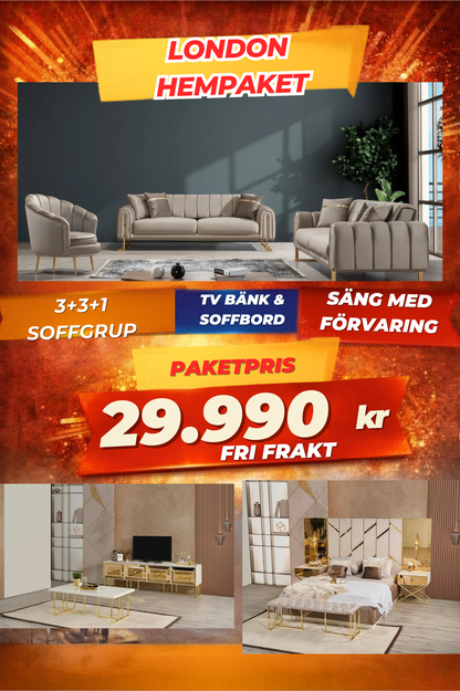 9️⃣ London HemPaket (Soffgrupp – TV-bänk – Soffbord – Säng med förvaring)