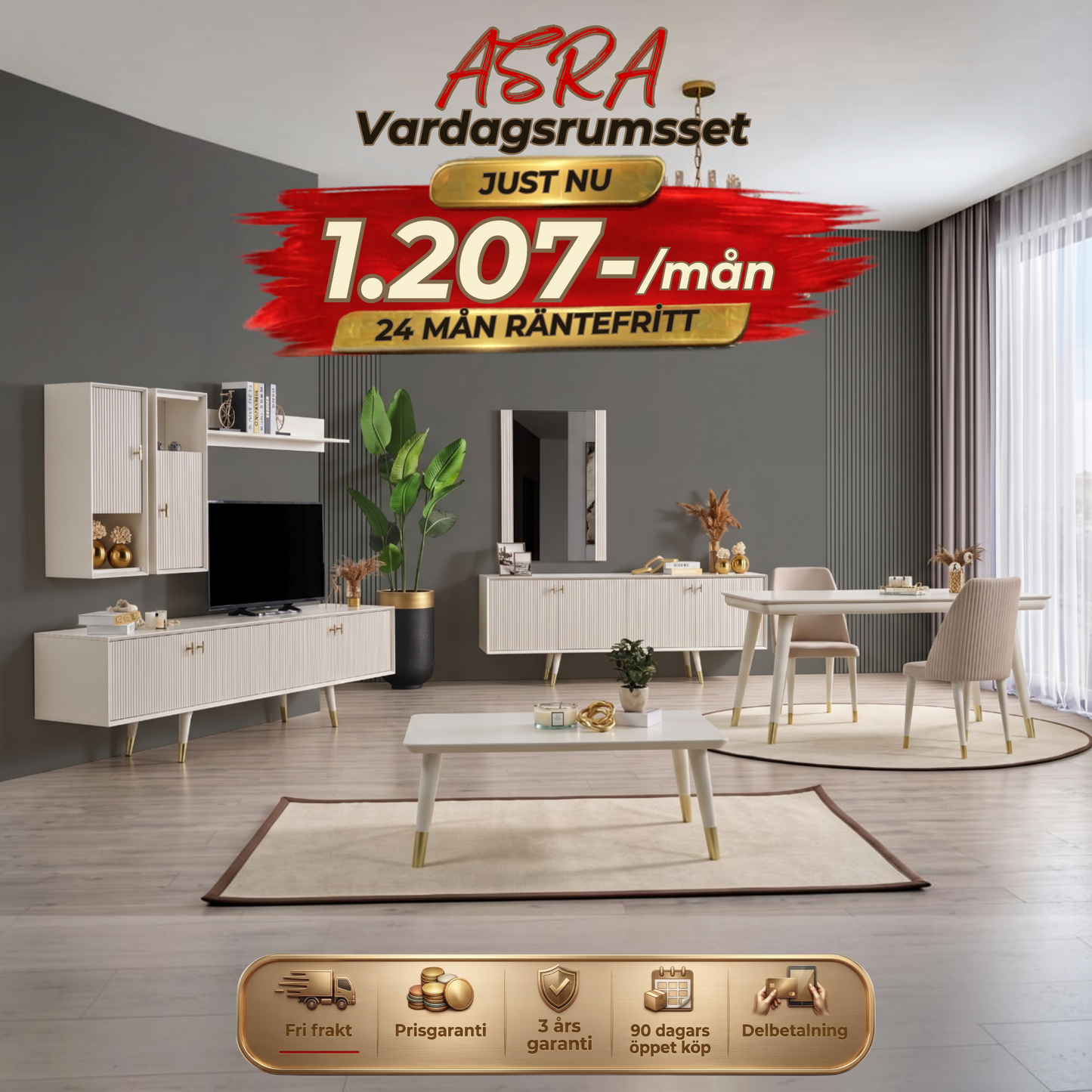 Asra Vardagsrumsset - (Matbord med 6st Stolar-Soffbord-Tv Bänk)