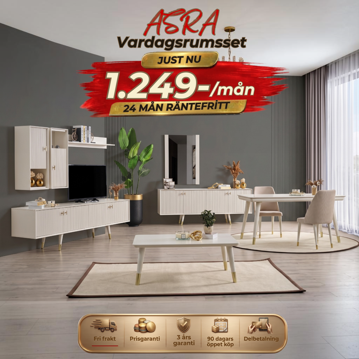 Asra Vardagsrumsset - (Matbord med 6st Stolar-Soffbord-Tv Bänk)