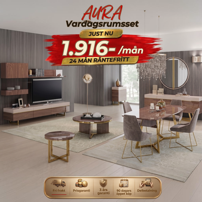 Aura Vardagsrumsset - (Matbord med 6st Stolar-Soffbord-Skänk med Spegel-Tv Bänk)