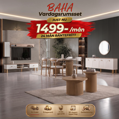 Baha (Matbord) Vardagsrumsset - (Matbord med 6st Stolar-Soffbord-Skänk med Spegel-Tv Bänk)