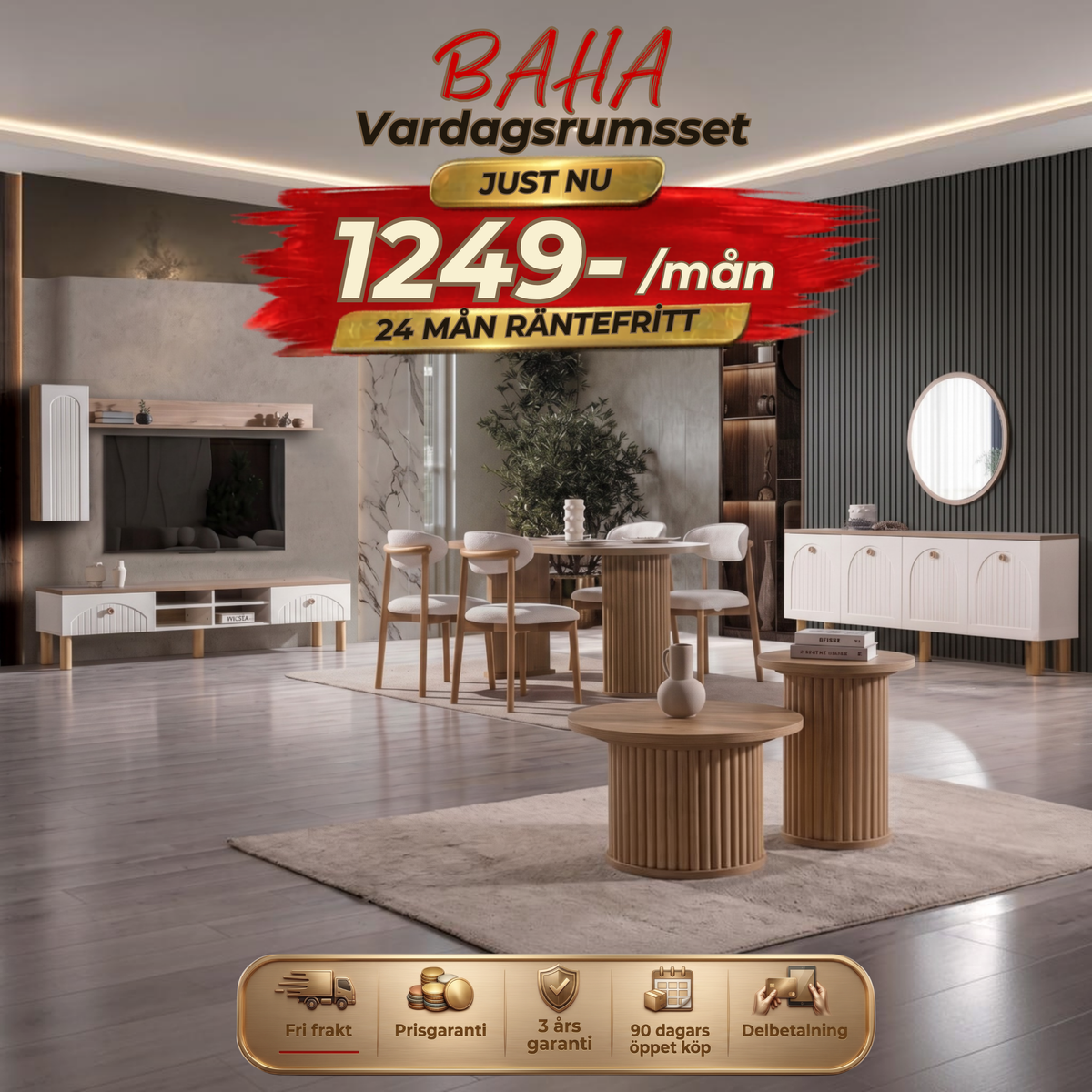 Baha (Matbord) Vardagsrumsset - (Matbord med 6st Stolar-Soffbord-Tv Bänk)
