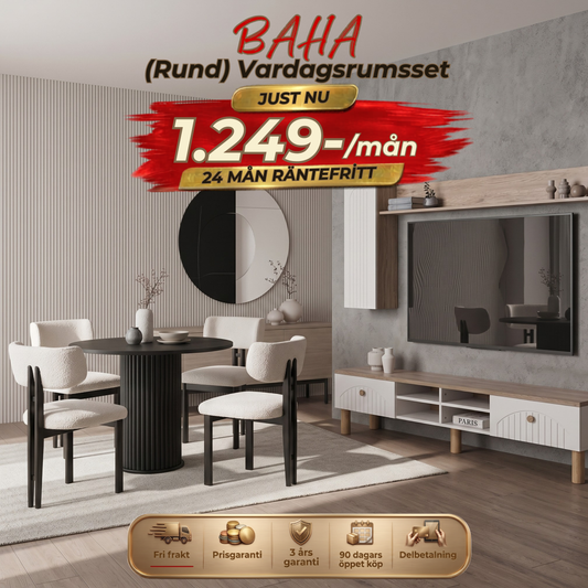 Baha (Rund) Vardagsrumsset - (Rund Matbord med 6st Stolar-Soffbord-Tv Bänk)