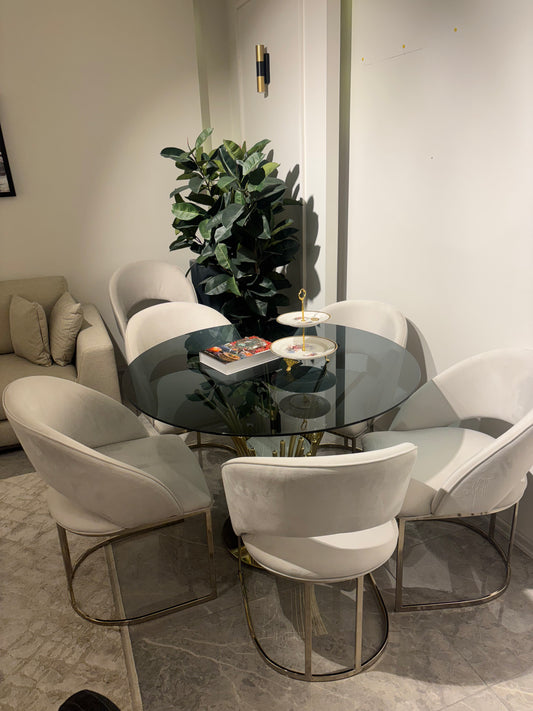 Rund Matgrupp - Svart Glas Matbord med 6 St Beige med Guld Ben Stolar