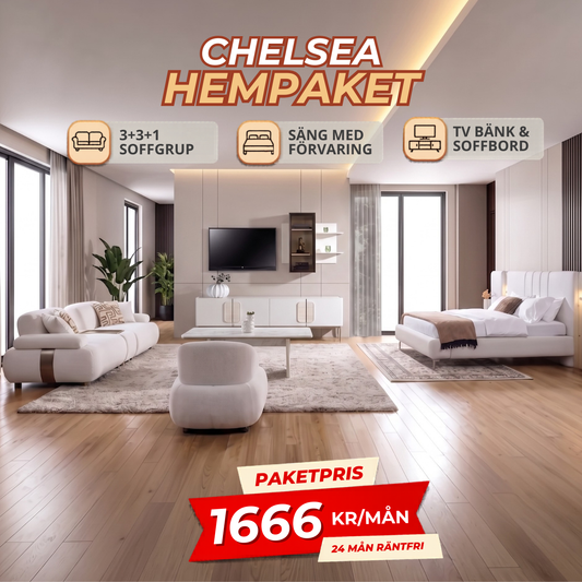 2️⃣1️⃣ CHELSEA HemPaket (Chelsea-B Soffgrupp – Madrid TV-Bänk – Madrid Säng med förvaring)