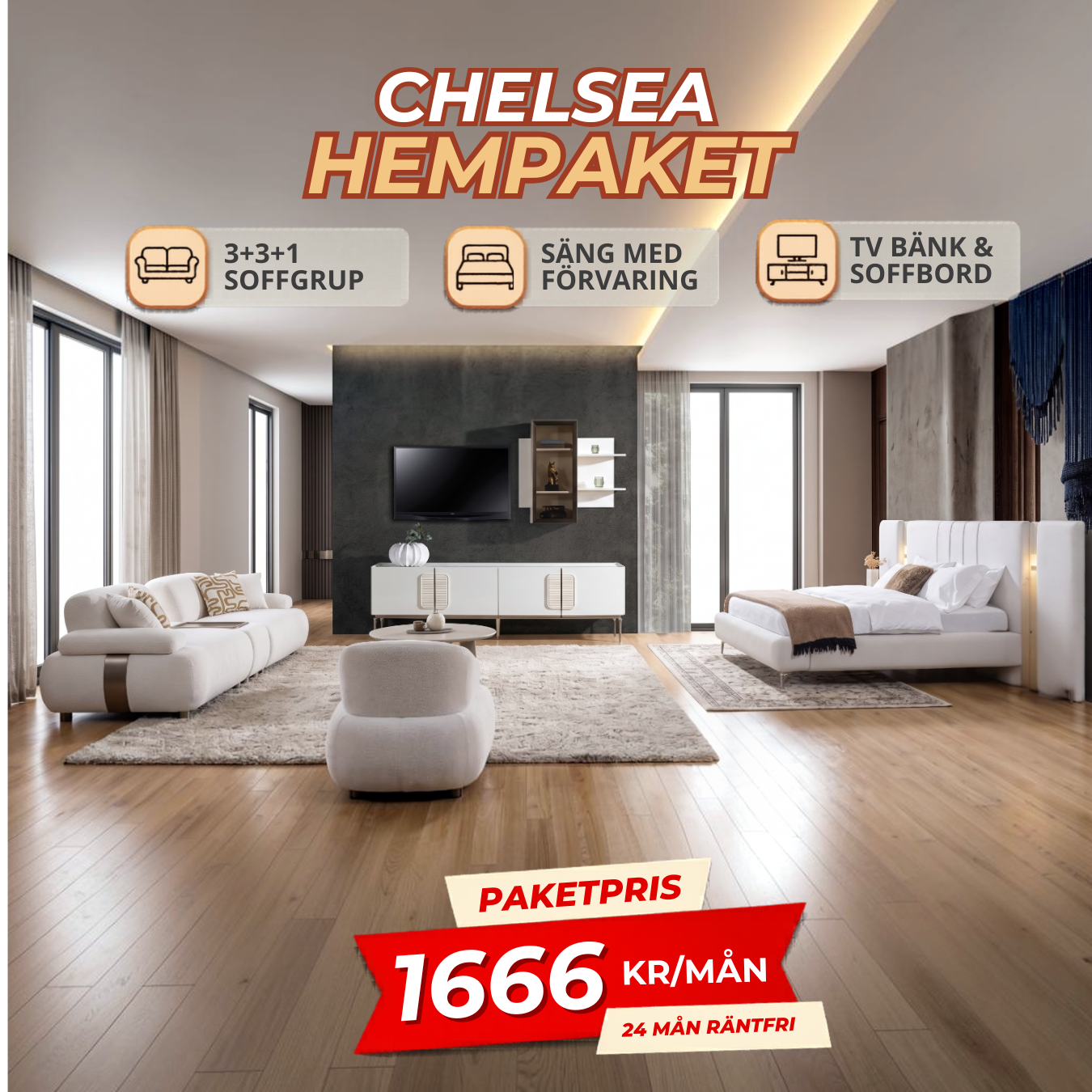 2️⃣1️⃣ CHELSEA HemPaket (Chelsea-B Soffgrupp – Madrid TV-Bänk – Madrid Säng med förvaring)