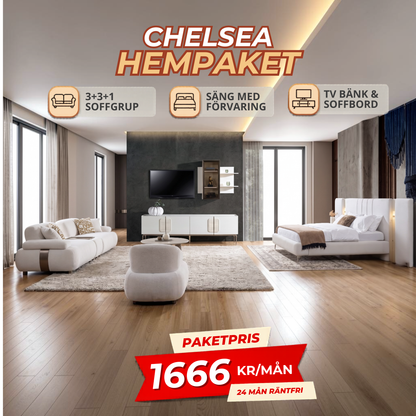 2️⃣1️⃣ CHELSEA HemPaket (Chelsea-B Soffgrupp – Madrid TV-Bänk – Madrid Säng med förvaring)