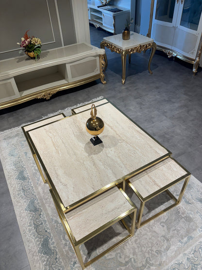 Cinar Soffbord 4+1 - Beige Träd med Guld Ben