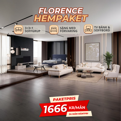 2️⃣0️⃣ FLORENCE HemPaket (Bodrum-B 3+3+1 Soffgrupp – Savana TV-Bänk – Savana Soffbord – Savana Säng med förvaring)