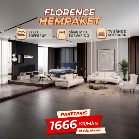 2️⃣0️⃣ FLORENCE HemPaket (Bodrum-B 3+3+1 Soffgrupp – Savana TV-Bänk – Savana Soffbord – Savana Säng med förvaring)