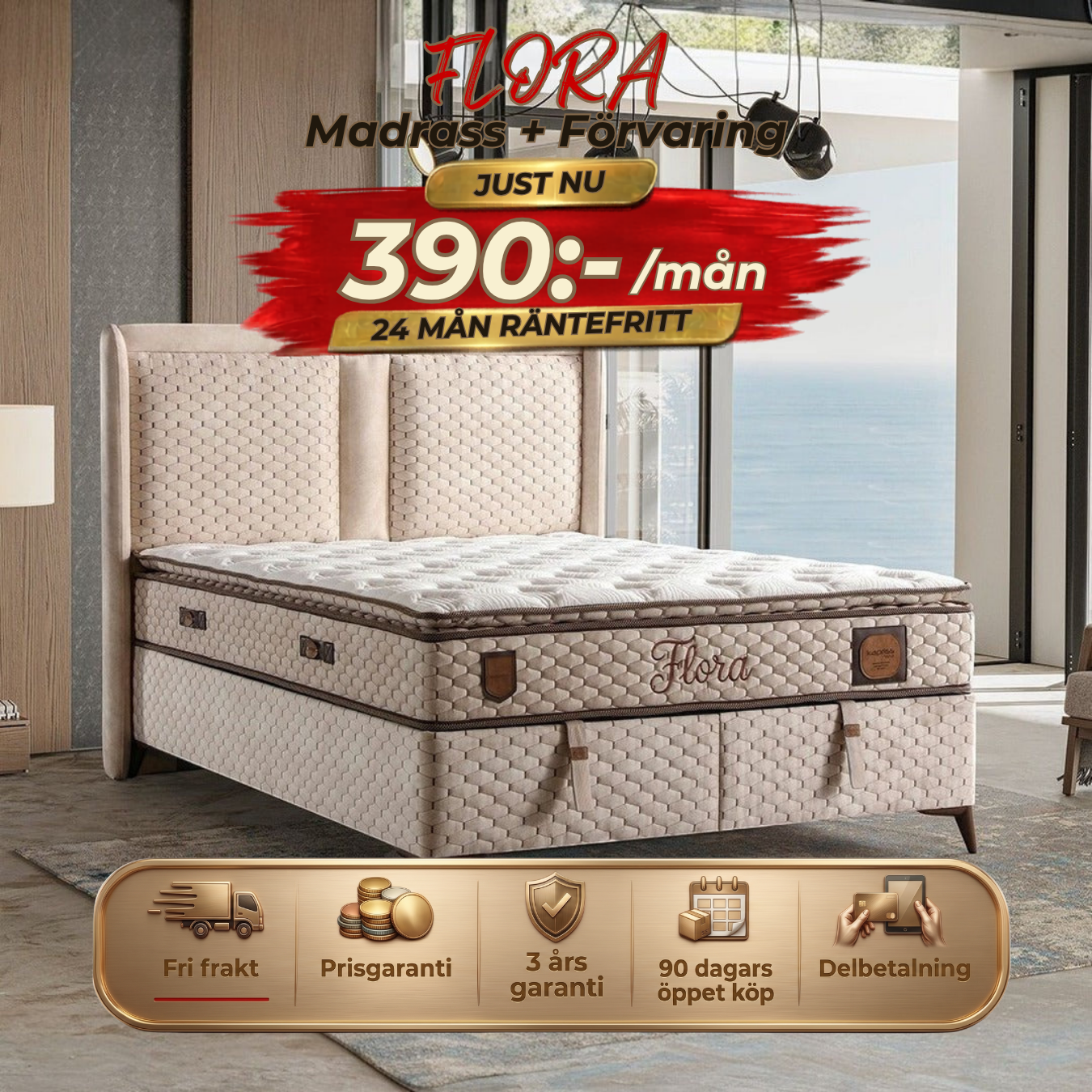 Flora Bed-Headboard-Mattress-Storage