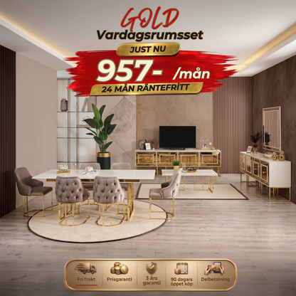 Gold Vardagsrumsset - (Matbord med 6st Stolar-Soffbord-Tv Bänk)