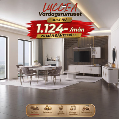 Lucci-A Vardagsrumsset - (Matbord med 6st Stolar-Soffbord-Skänk med Spegel-Tv Bänk)