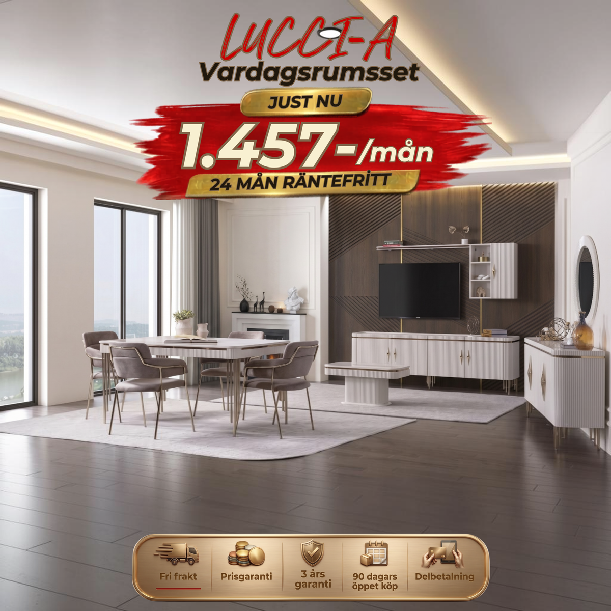 Lucci-A Vardagsrumsset - (Matbord med 6st Stolar-Soffbord-Tv Bänk)