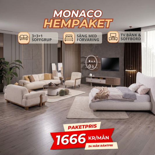 MONACO HemPaket (Panda-B 3-3-1 Soffgrupp– Rubato TV-Bänk – Rubato Soffbord – Rubato Säng med förvaring)