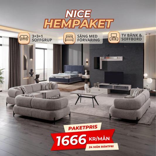 2️⃣3️⃣ NICE HemPaket (Aronya-A 3+3+1 Soffgrupp – Savana TV-Bänk – Savana Soffbord – Savana Säng med förvaring)