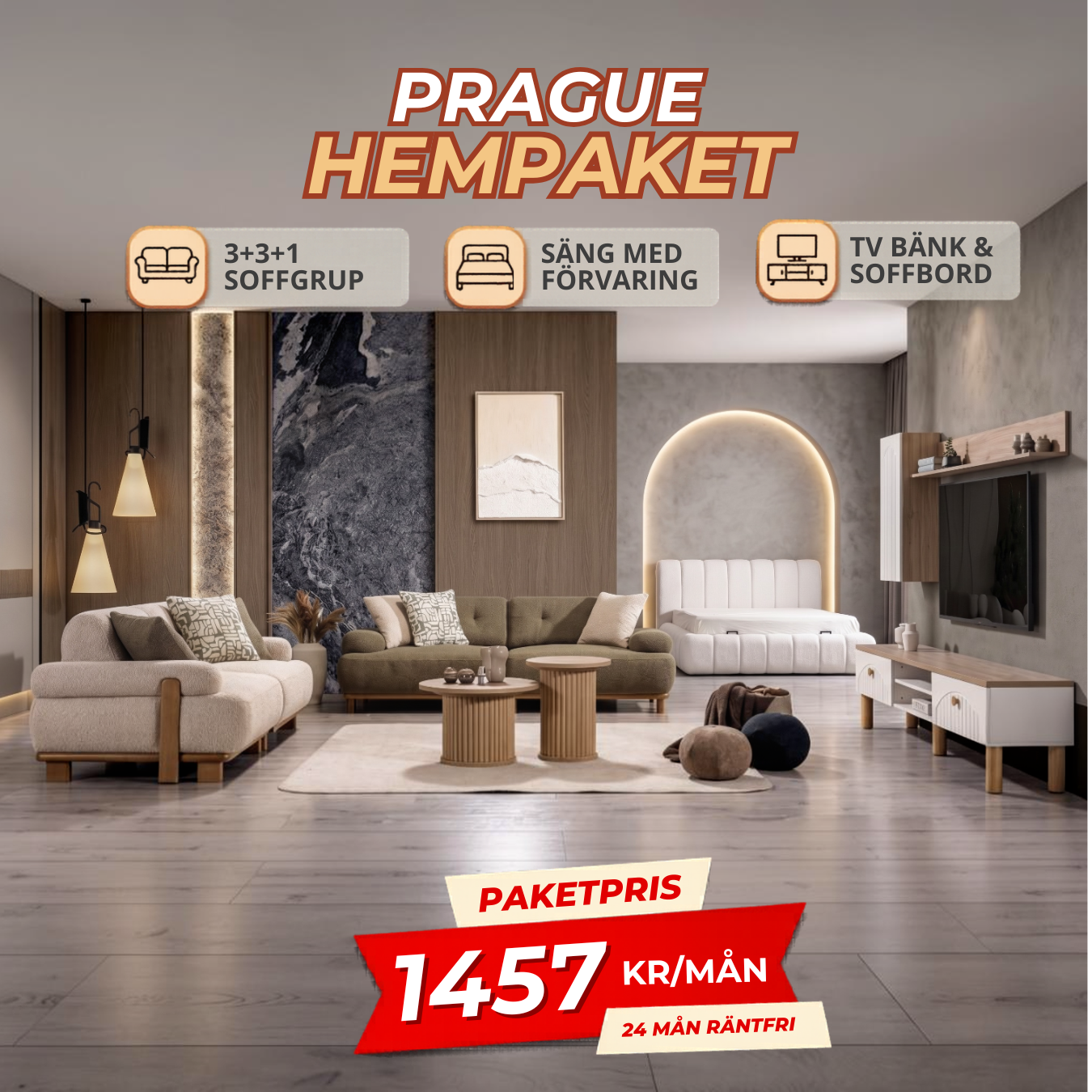 2️⃣2️⃣ PRAGUE HemPaket (Panda-A 3+3+1 Soffgrupp – Baha TV-Bänk – Baha Säng med förvaring)