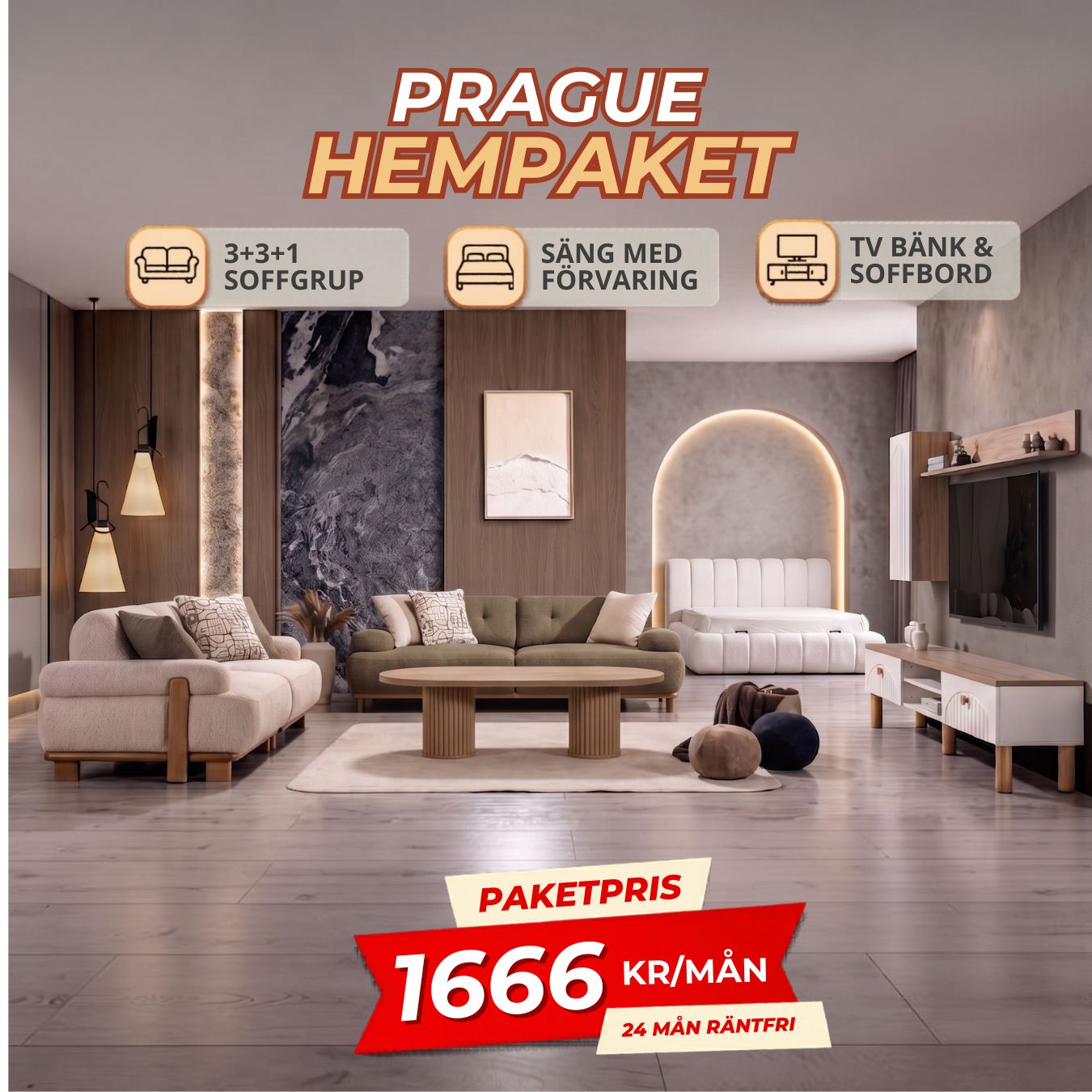 2️⃣2️⃣ PRAGUE HemPaket (Panda-A 3+3+1 Soffgrupp – Baha TV-Bänk – Baha Säng med förvaring)