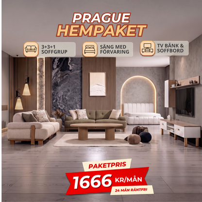2️⃣2️⃣ PRAGUE HemPaket (Panda-A 3+3+1 Soffgrupp – Baha TV-Bänk – Baha Säng med förvaring)