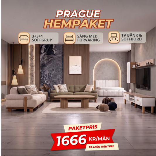 2️⃣2️⃣ PRAGUE HemPaket (Panda-A 3+3+1 Soffgrupp – Baha TV-Bänk – Baha Säng med förvaring)