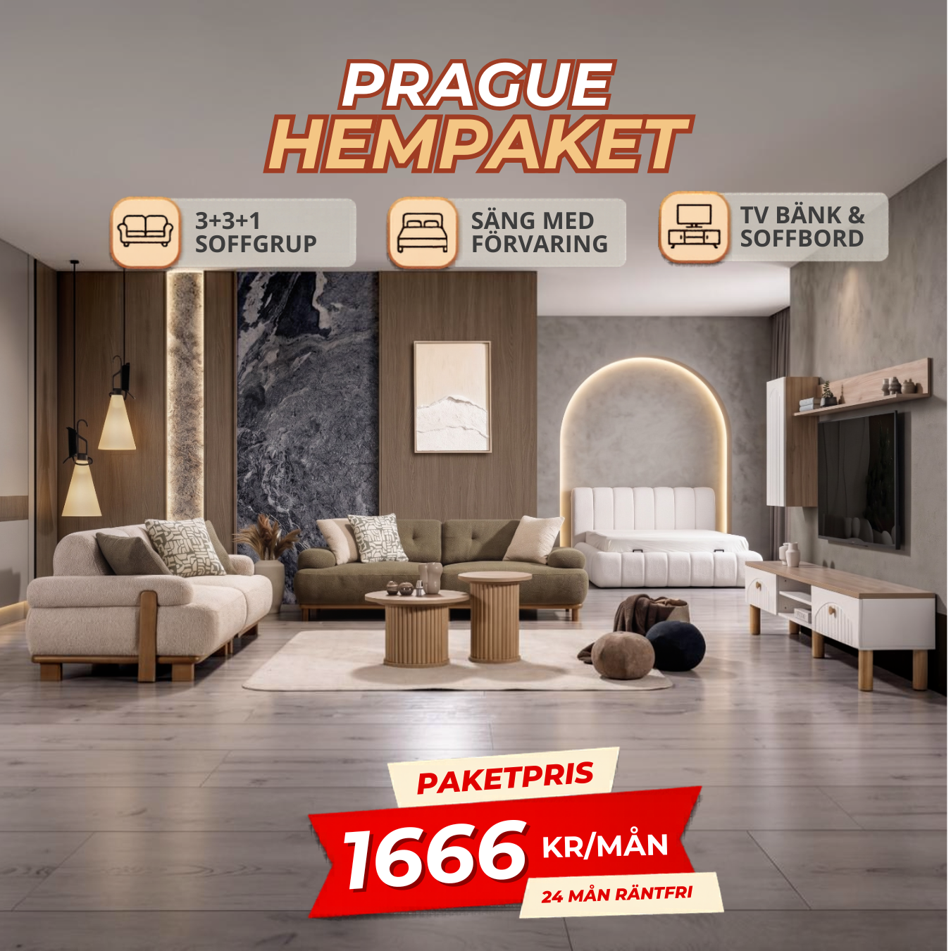 2️⃣2️⃣ PRAGUE HemPaket (Panda-A 3+3+1 Soffgrupp – Baha TV-Bänk – Baha Säng med förvaring)
