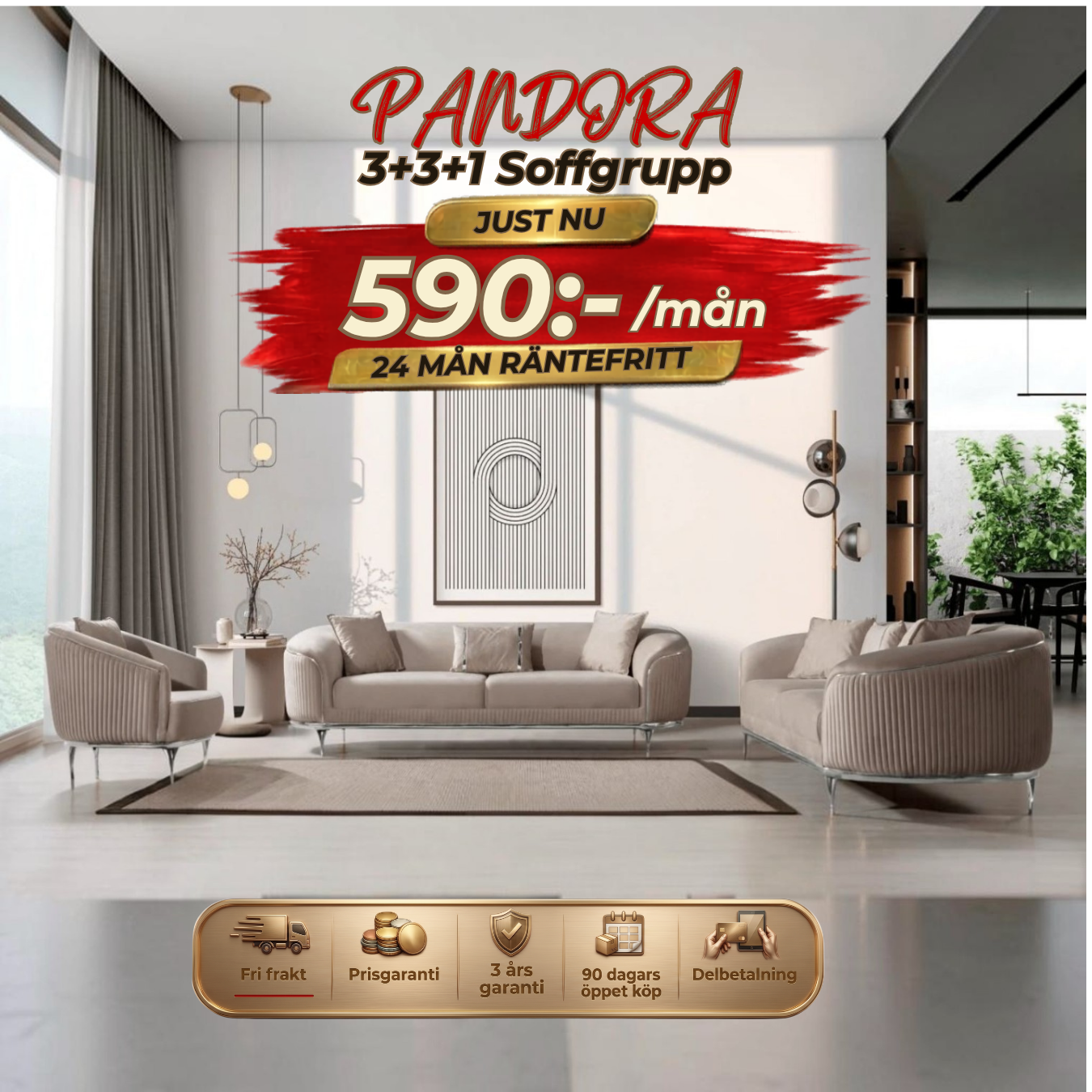 💥Pandora 3+3+1 Soffgrupp ⏳Specialerbjudande | Endast 6 kvar