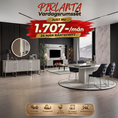 Pirlanta Vardagsrumsset - (Matbord med 6st Stolar-Soffbord-Skänk med Spegel-Tv Bänk med Överdelen)