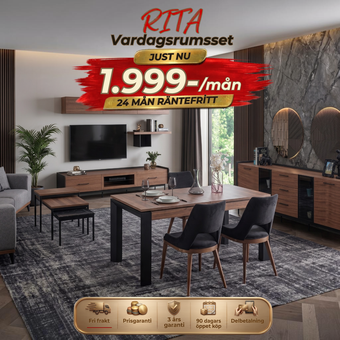 Rita Vardagsrumsset - (Matbord med 6st Stolar-Soffbord-Skänk med Spegel-Tv Bänk)