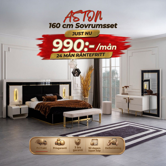 Aston Sovrumsset(160 cm Säng - 2 st Sängbord - Sminkbord -Spegel)