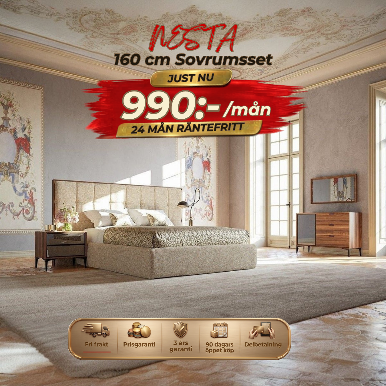Nesta Sovrumsset - (160cm Bed-2st Bedside Table-Sminkbord-Spegel)