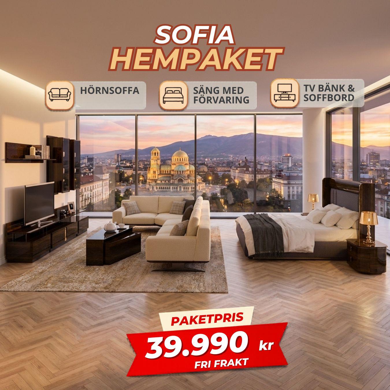 1️⃣4️⃣ SOFIA HemPaket  (Elegant Hörnsoffa – Lisa TV-Bänk med överdelen– Soffbord – Favor Säng med förvaring)